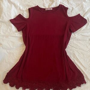 Burgundy Cold Shoulder Top with Lace Hem